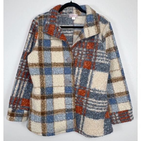 Kamana Retro Plaid Button Front Shacket Size Medium Blue Cream Orange - Picture 1 of 12